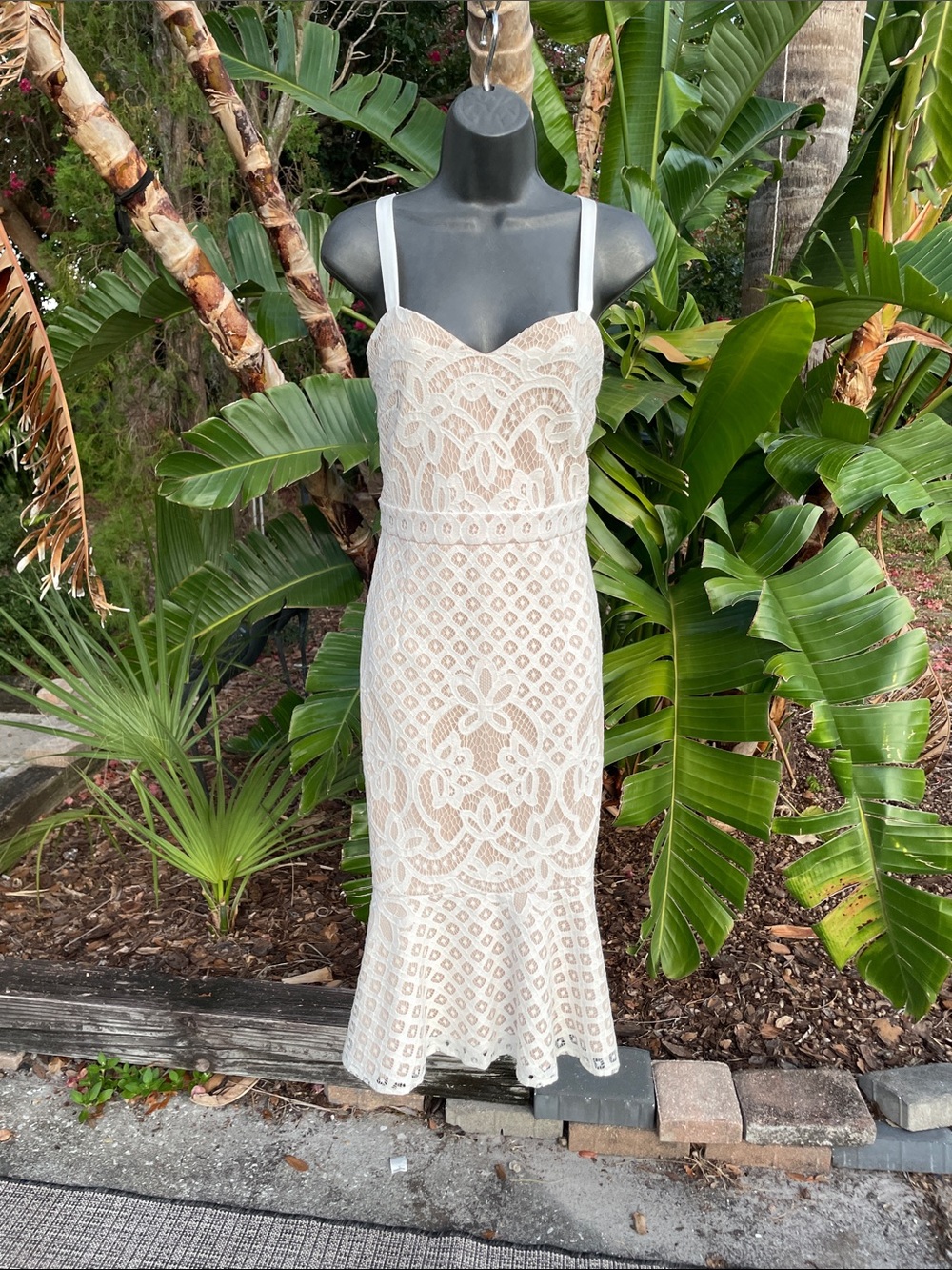 two sisters lace trumpet mid dress with spaghetti straps